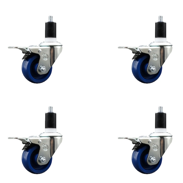 3'' Solid Poly Swivel 1-1/2'' Expanding Stem Caster Set Total Lock Brake, 4PK